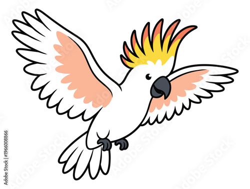 Cartoon illustration of a cockatoo depicting a flying bird with colorful crest and spread wings for nature and wildlife design