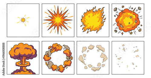 Cartoon icon set of 8 explosion animation frames featuring blast fireball mushroom cloud and smoke effects for game design