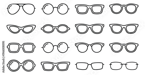 Outline icon set of 20 eyeglasses styles featuring aviator, round, cat eye and rectangular frames for fashion and optical design