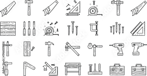 DIY and Carpentry Icon Set Featuring Tools, Hardware, Construction, and Workshop Equipment