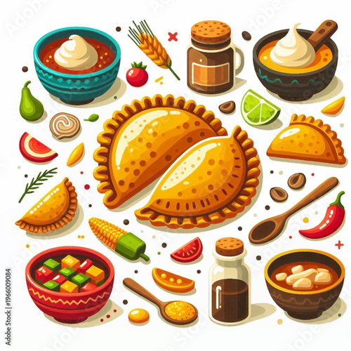 Colorful illustration of various foods including soups empanadas corn peppers  spices