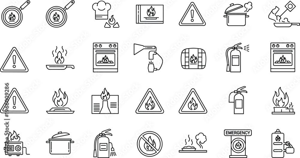 Fototapeta premium Kitchen Fire Safety Icon Set Featuring Cooking Hazards, Fire Extinguishers, Warning Signs, and Fire PreventionKitchen