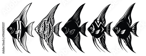 Mixed style icon set of 5 angelfish featuring outline, engraving, silhouette and tribal variations for aquatic design