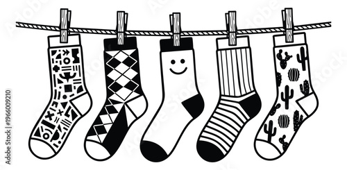 Cartoon icon set of 6 patterned socks featuring argyle, stripes, cactus and smiley face designs hanging on a clothesline for fashion and apparel
