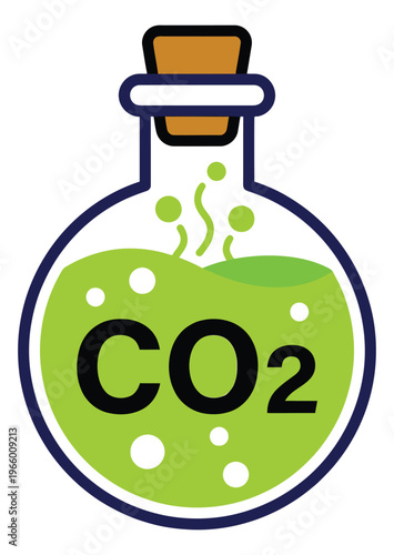 Cartoon illustration of CO2 gas in a laboratory flask depicting carbon dioxide emissions concept for environmental and science design