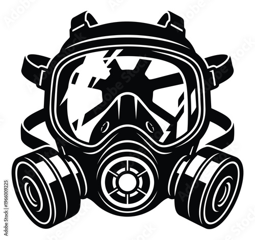 Bold cartoon illustration of a gas mask depicting protective respirator equipment for safety and military design