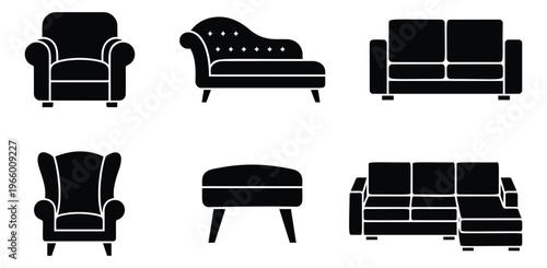 Silhouette icon set of 6 furniture pieces featuring armchair, chaise lounge, sofa, wingback chair, ottoman and sectional for interior design