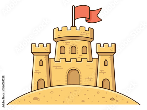 Cartoon illustration of a sand castle depicting a fortified tower with red flag for summer and beach design