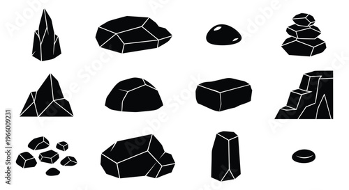 Silhouette icon set of 12 rocks and stones featuring boulders, pebbles, cliffs and stacked formations for nature and game design