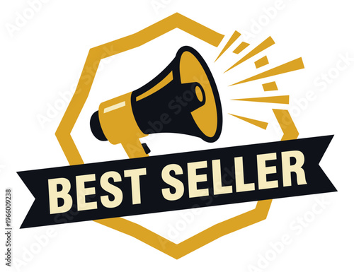 Flat illustration of a best seller badge depicting a megaphone announcement label for marketing and retail design