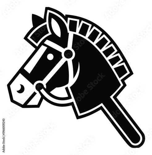Flat cartoon illustration of a hobby horse depicting a toy stick pony head for children and playroom design
