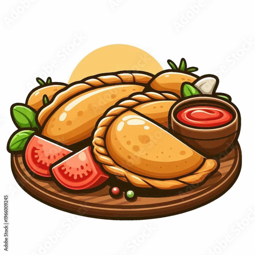 Dumplings atop a wood plate with tomato slices dipping sauce basil and a yellow circle behind