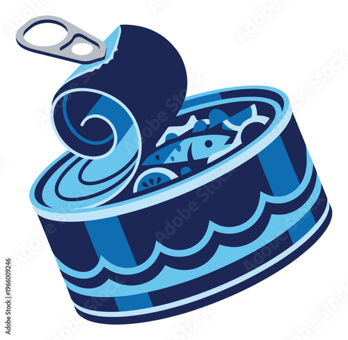 Flat cartoon illustration of an open sardine tin depicting peeled back lid with fish inside for food and packaging design