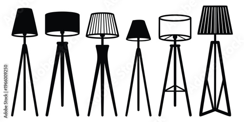 Silhouette and outline icon set of 6 floor lamps featuring tripod stands and various shade styles for interior design