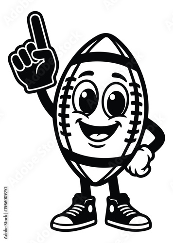 Cartoon illustration of a football character mascot depicting a smiling sports ball with foam finger and sneakers for game day design