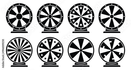 Flat silhouette icon set of 8 fortune wheels featuring spinning prize and lottery game designs for casino and entertainment use