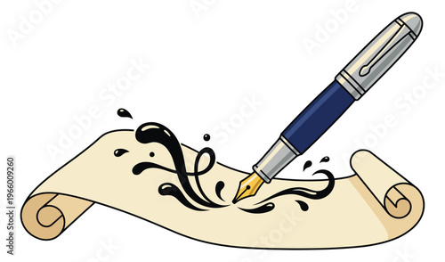 Cartoon illustration of a fountain pen writing on a scroll depicting decorative ink flourishes for writing and calligraphy design