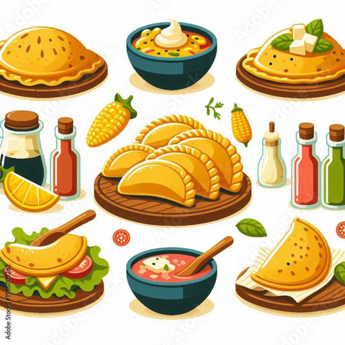 Colorful food illustration features dishes sauces corn  empanadas on plates  bowls
