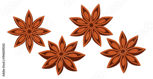 Flat icon set of 4 star anise spices featuring detailed petal and seed pod shapes for culinary and food design