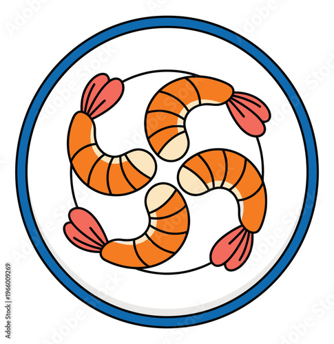 Cartoon illustration of four shrimp arranged in a circular pinwheel pattern on a plate for food and restaurant design