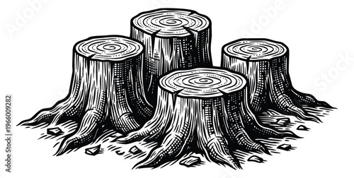 Engraving illustration of four tree stumps depicting cut trunks with visible rings for nature and forestry design