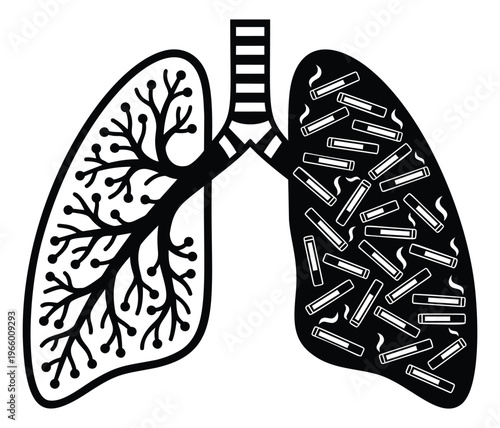 Flat illustration of healthy and smoker lungs comparison depicting cigarette damage for medical and health awareness design