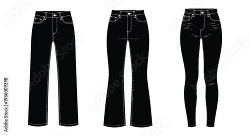 Three pairs of black jeans are displayed in a flat lay showcasing various styles and fits a silhouette high quality
