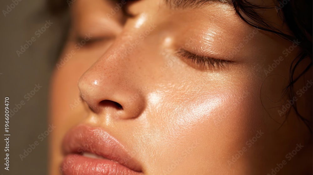 Fototapeta premium Young woman with closed eyes illuminating healthy skin, showing a natural radiant complexion from effective skincare, promoting beauty and self care concepts