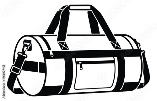 Bold outline illustration of a duffle bag depicting a cylindrical travel holdall with shoulder strap for sport and travel design