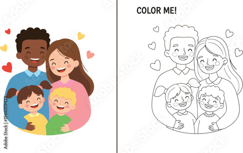  Happy, diverse, family, with, parents, and, children, hearts, love, coloring, book, page, for, kids, vector, illustration, set, multiracial, people, design