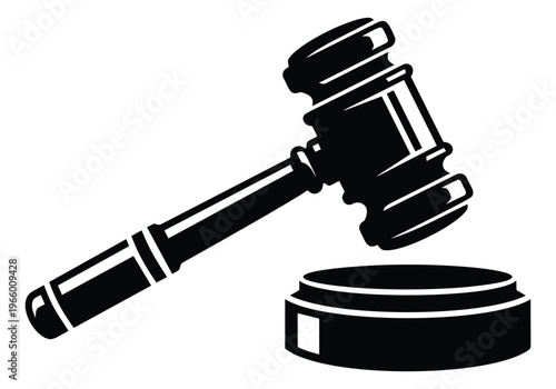 Bold silhouette illustration of a judge gavel and sound block depicting legal authority for law and justice design