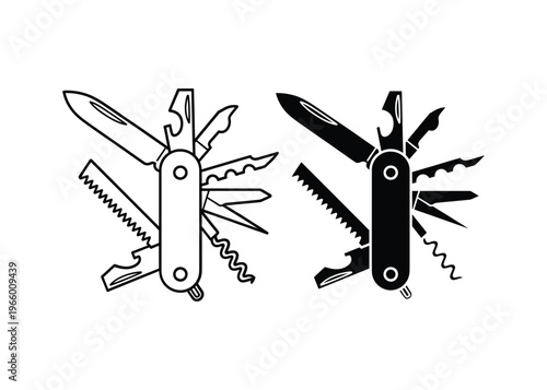 Two black and white illustrations depict open swiss army knives with multiple tools extended from handles