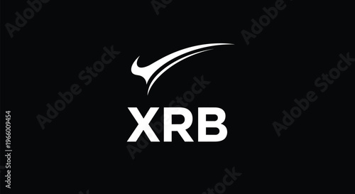 XRB logo design, modern swoosh arc, bold typography, black background, white letters, minimalist branding, sleek motion mark, corporate identity illustration