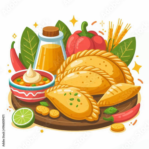 Empanadas sauce peppers lime and wheat on a wood board