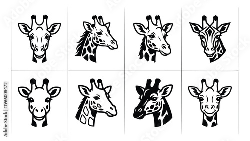 Flat icon set of 8 giraffe head portraits featuring bold black and white animal faces for wildlife and safari design