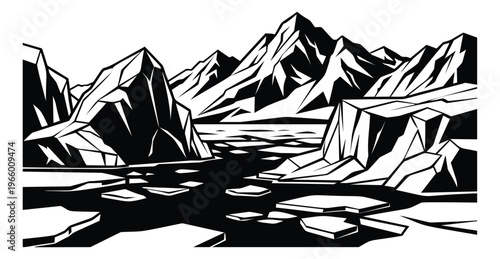 Woodcut illustration of an arctic glacier landscape depicting jagged icebergs and frozen water for nature and environmental design