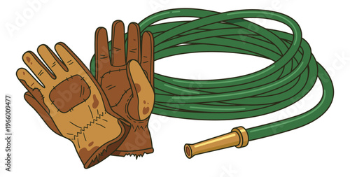 Cartoon illustration of garden gloves and coiled hose depicting outdoor tools and equipment for gardening and landscaping design