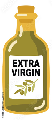 Flat illustration of extra virgin olive oil bottle depicting a corked glass container with olive branch label for food and cooking design