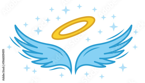 Cartoon illustration of angel wings and golden halo depicting heavenly symbol with sparkles for spiritual and religious design