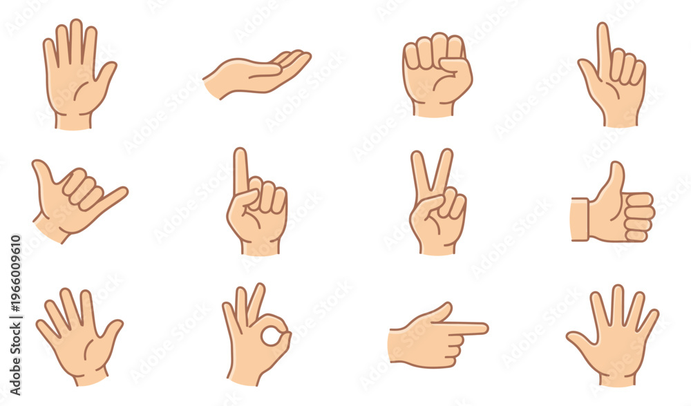 Fototapeta premium Cartoon icon set of 12 hand gestures featuring open palm, fist, thumbs up, peace sign, pointing finger and ok sign for communication design