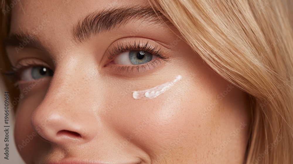 Fototapeta premium Young woman applying nourishing cosmetic eye cream, hydrating and rejuvenating delicate skin, promoting health and anti aging skincare for natural beauty