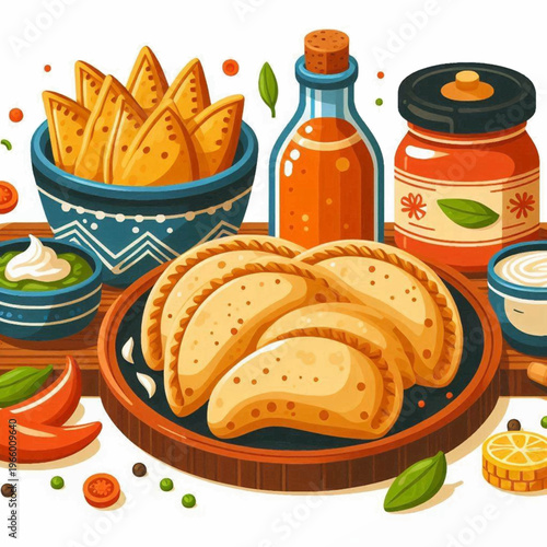 Food arrangement with empanadas chips dips oil peppers jar  lime on a wooden table