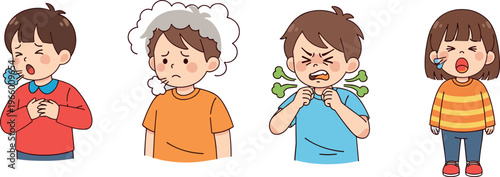 Cartoon Child Expressions Icon Set Featuring Illness, Cold, Cough, and Discomfort Emotions for Healthcare, Family, and Wellness Themes