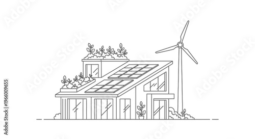 Sustainable eco house line art vector, modern green building with solar panels and wind turbine, renewable energy home illustration