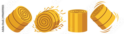 Cartoon icon set of 4 hay bales depicting rolling and spinning round straw bundles for farm and agriculture design
