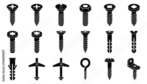 Silhouette icon set of 18 hardware fasteners featuring screws, bolts, anchors and hooks for construction and woodworking design