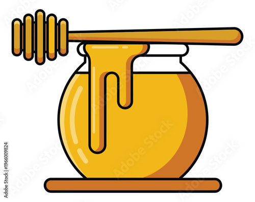 Cartoon illustration of honey jar depicting golden dripping honey with dipper stick for food and kitchen design