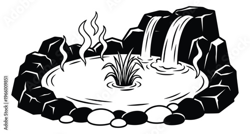 Bold woodcut illustration of a hot spring pond depicting a waterfall rocky landscape and aquatic plants for nature and spa design