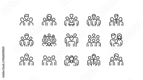 A collection of simple linear icons depicting various groups of people in different arrangements high quality
