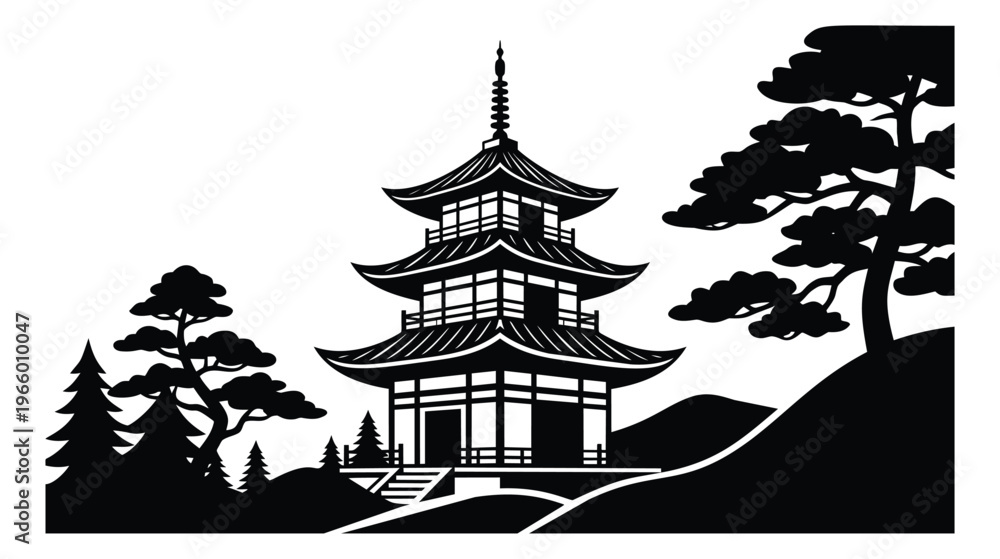 Fototapeta premium Silhouette illustration of a Japanese pagoda depicting traditional architecture surrounded by pine trees for Asian culture design